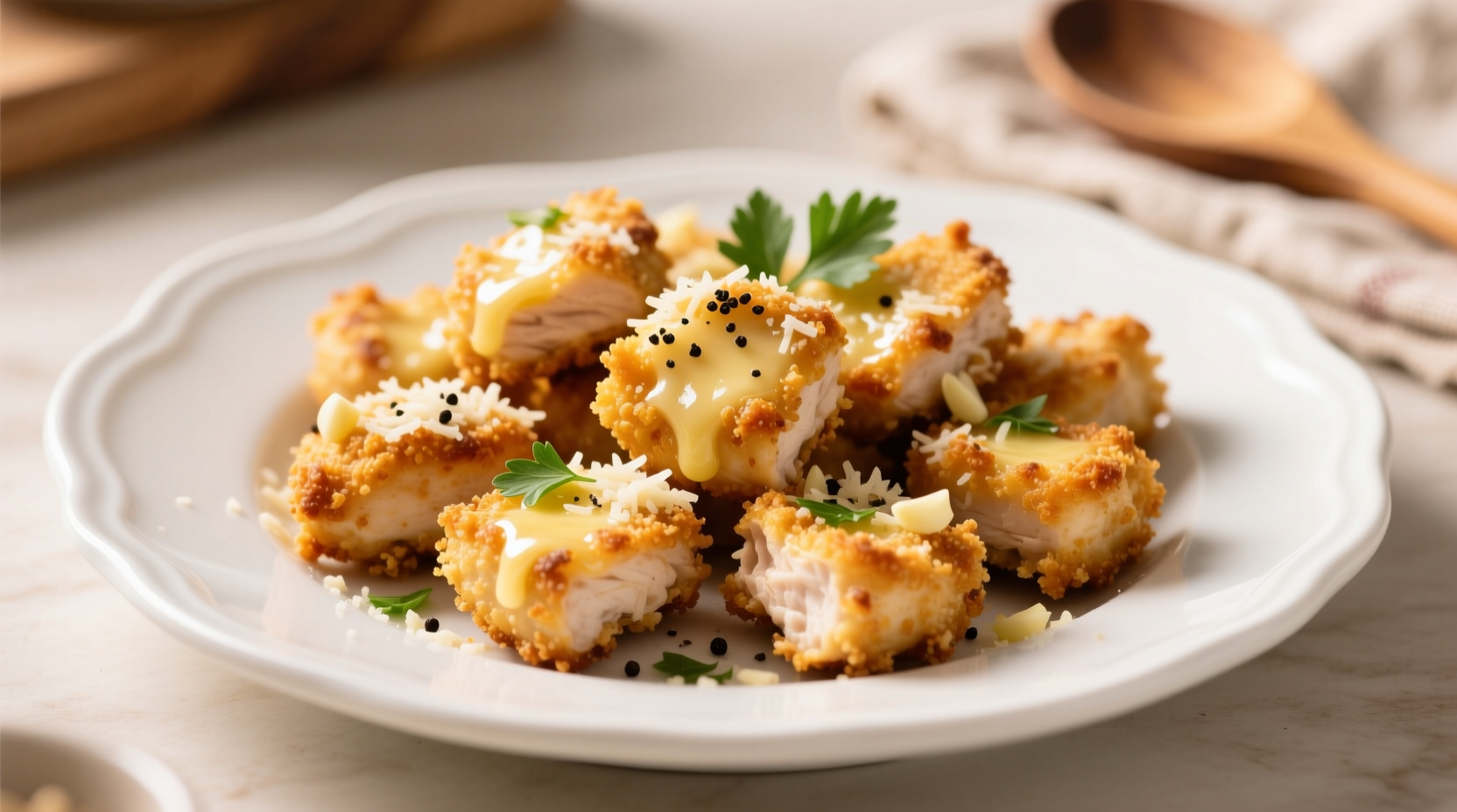 Golden garlic parmesan chicken bites on white plate