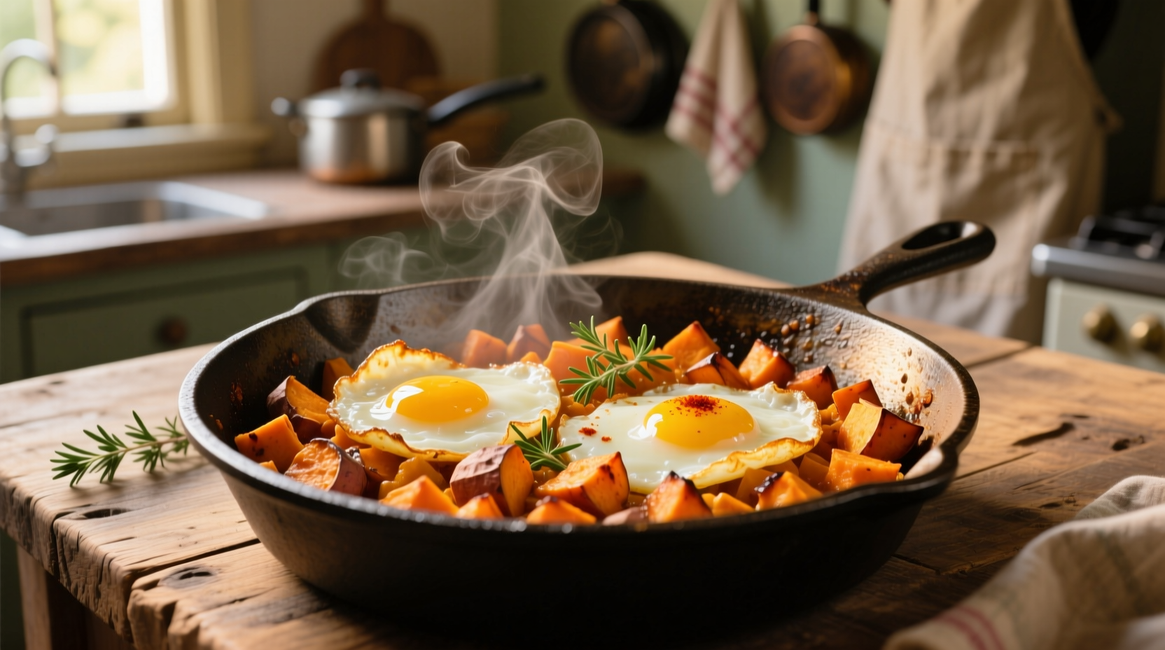 Sweet potato hash with crispy eggs in cast-iron skillet