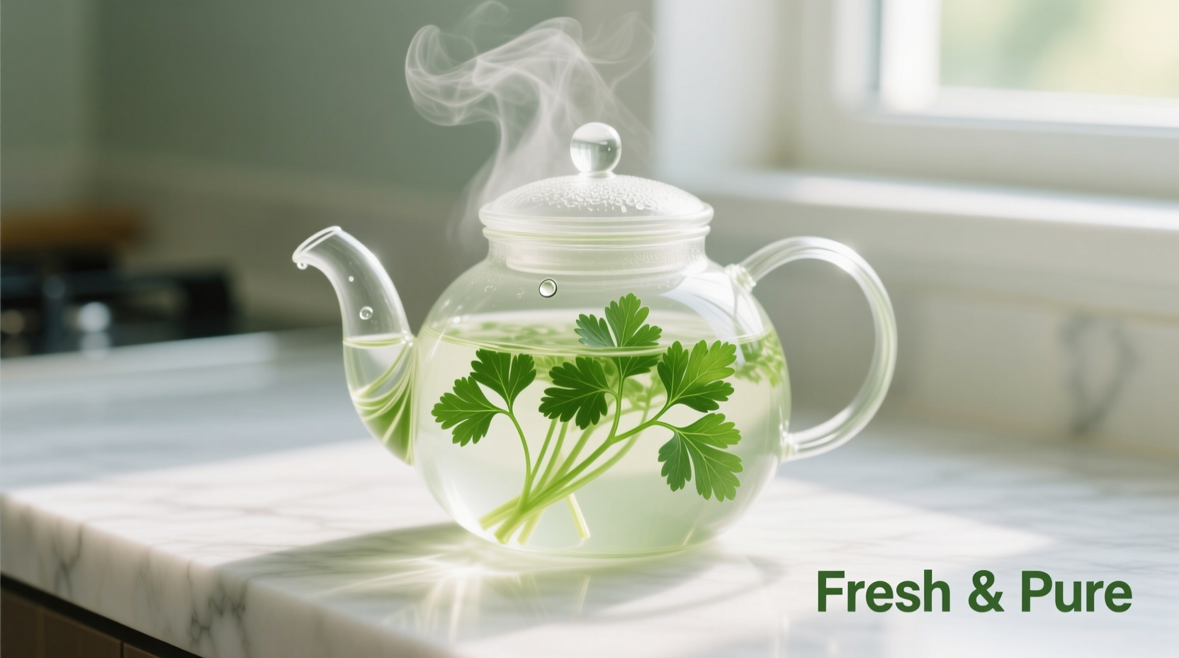 Fresh parsley stems steeping in glass teapot
