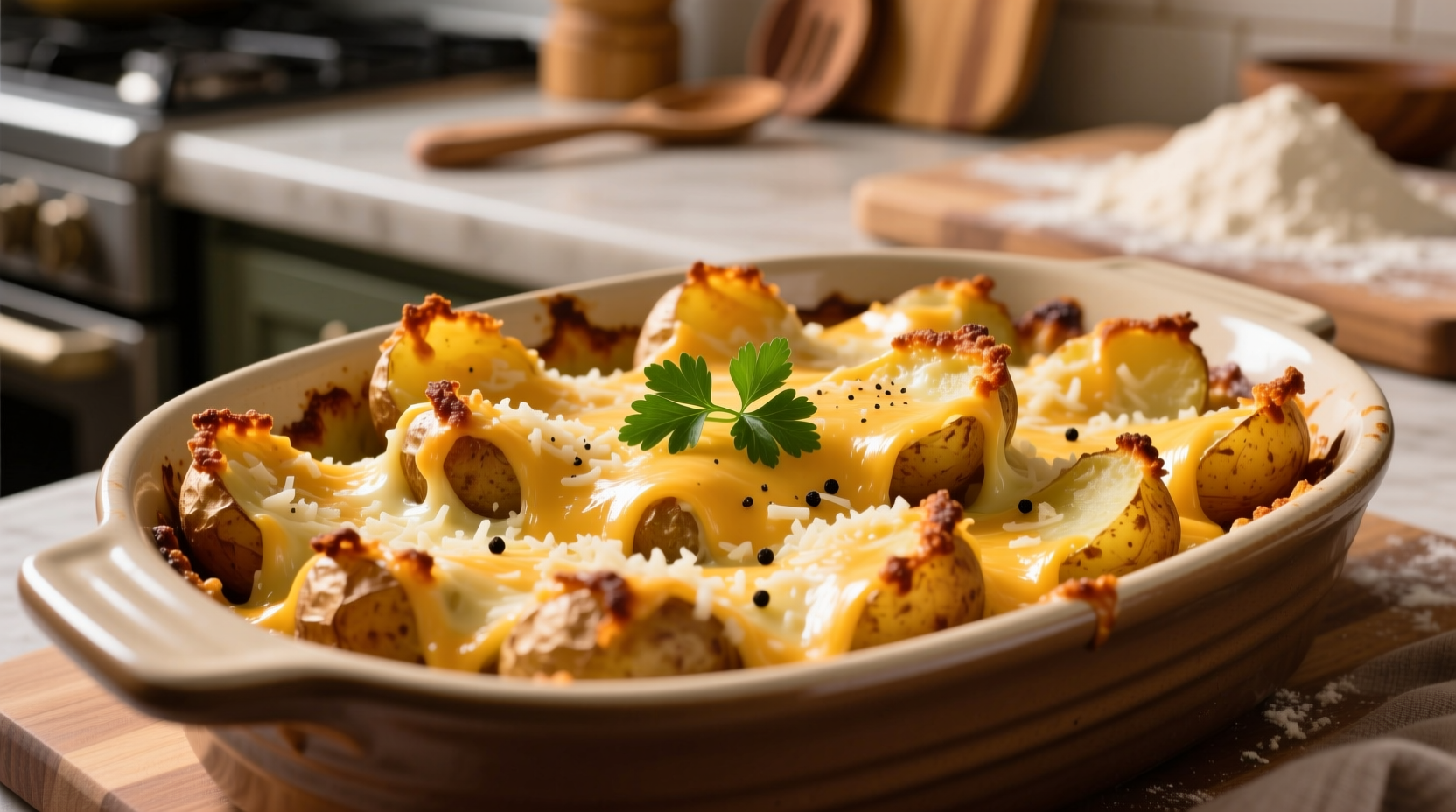 Golden cheesy potatoes with crispy edges in baking dish