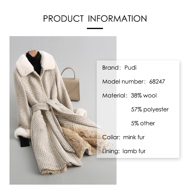 A68247 Women Herringbone wool belt coat mink fur collar lamb fur lining jacket overcoat winter warm coat genuine winter coat