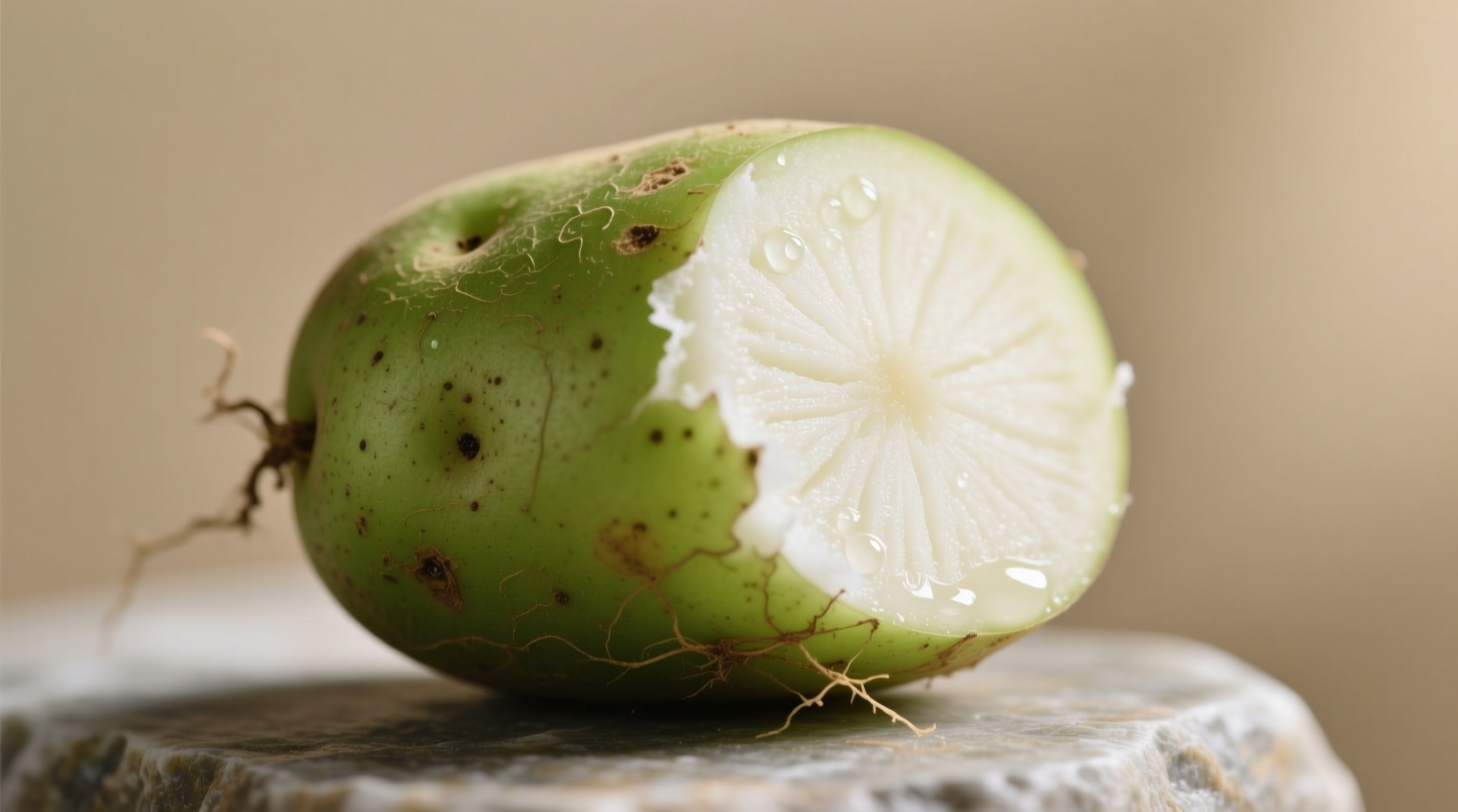 Green potato with peeled section showing white interior