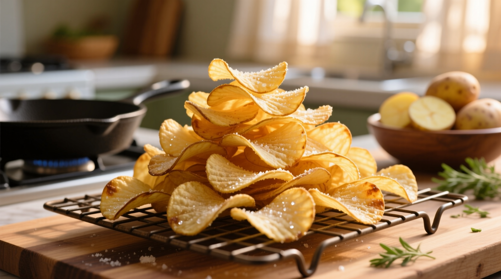 Perfect golden homemade potato chips on cooling rack