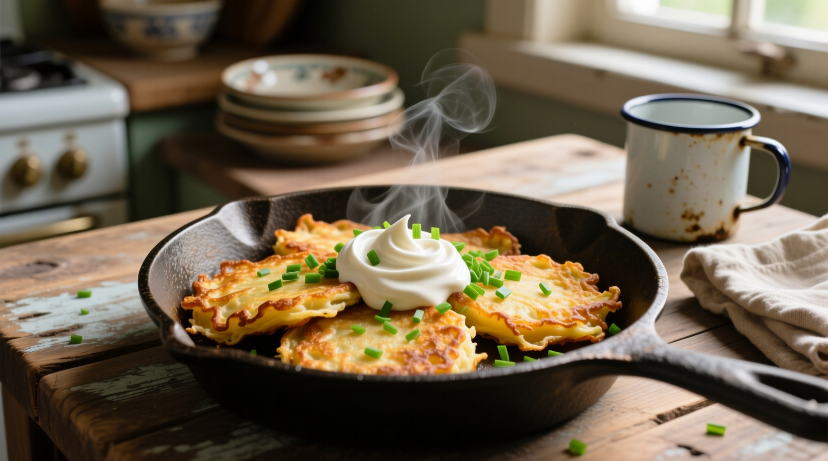 Crispy golden potato pancakes served with sour cream and chives