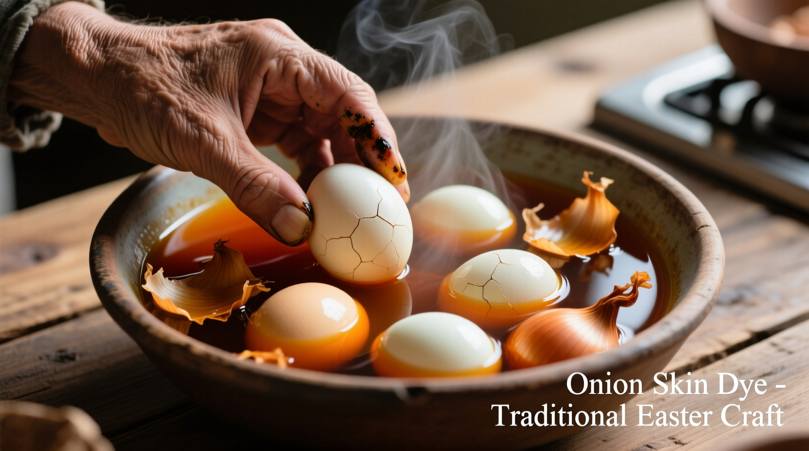 Hand placing hard-boiled eggs into onion skin dye bath
