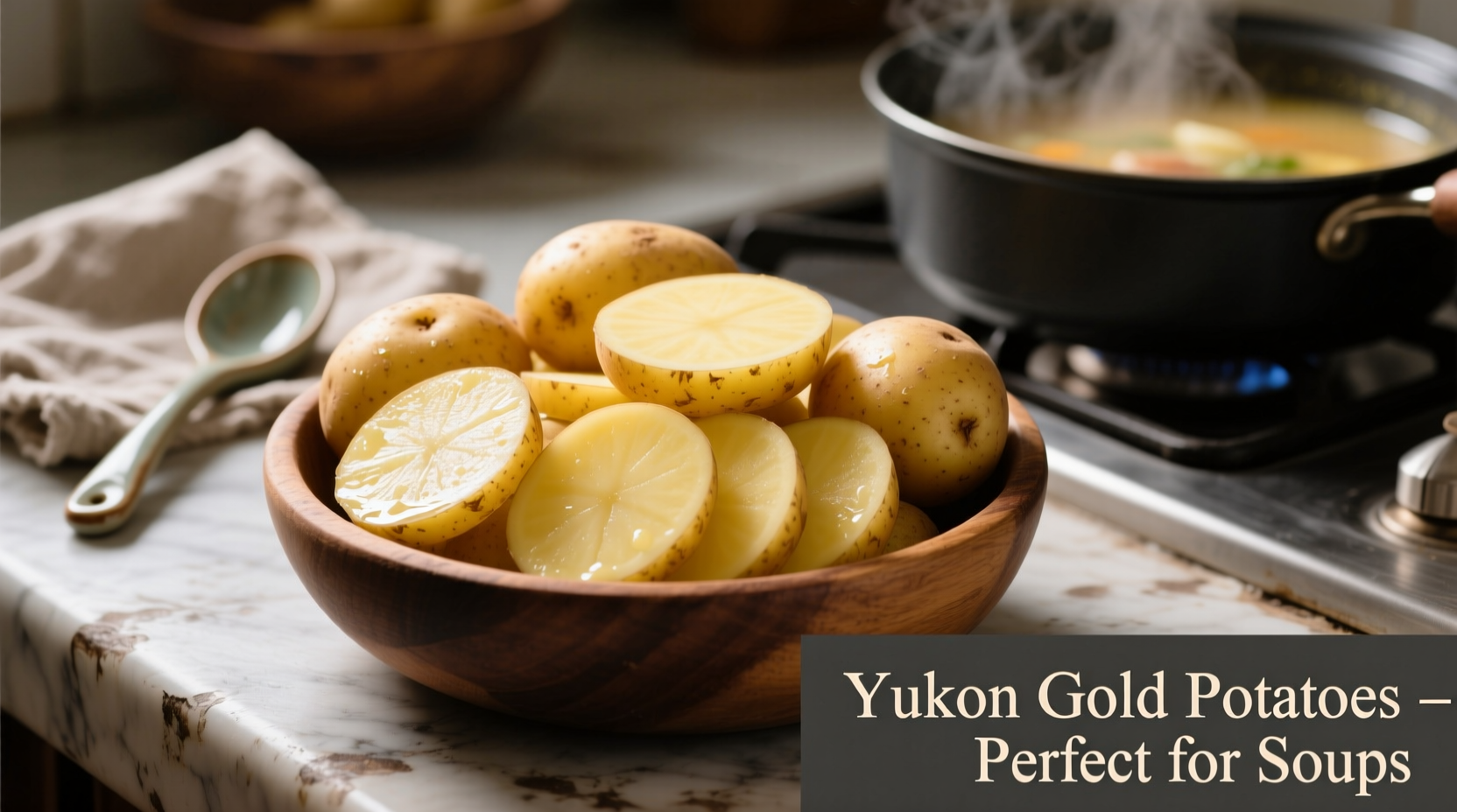 Yukon Gold potatoes peeled and sliced for soup