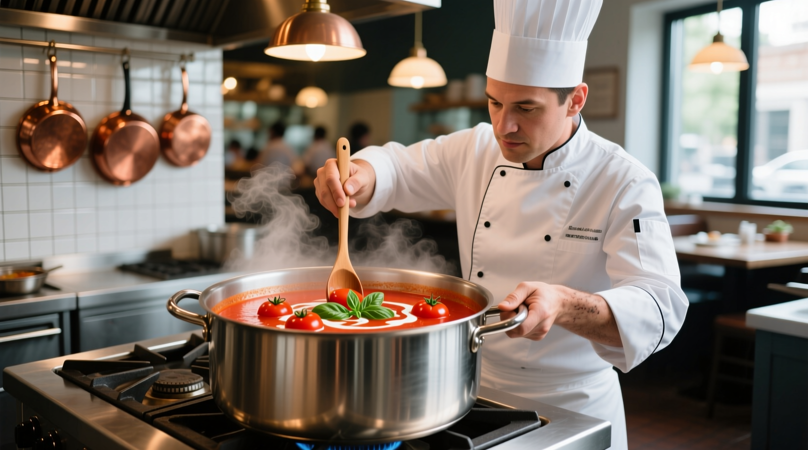 Chef preparing fresh tomato soup in stainless steel pot