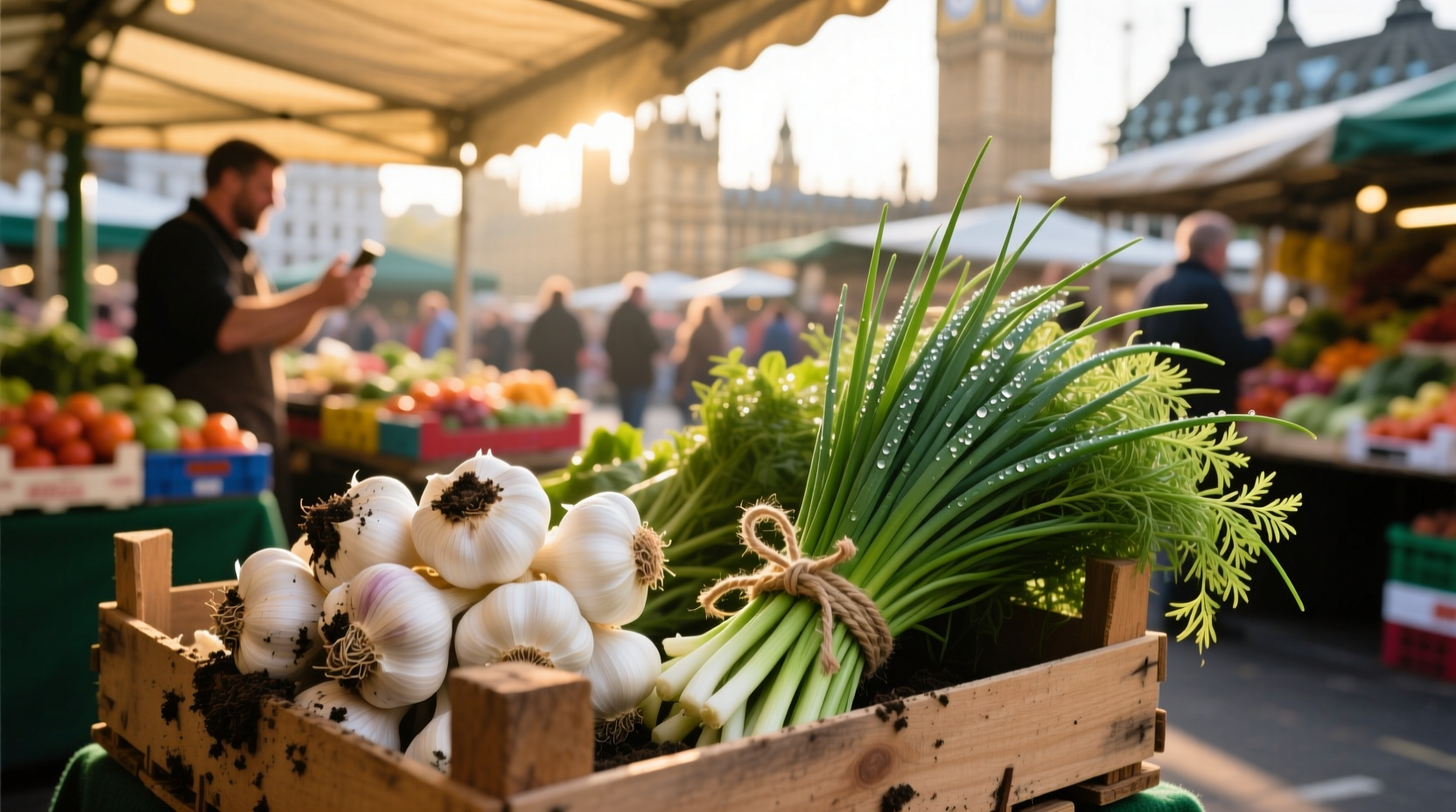 Fresh garlic bulbs and chive bunches at Westminster market