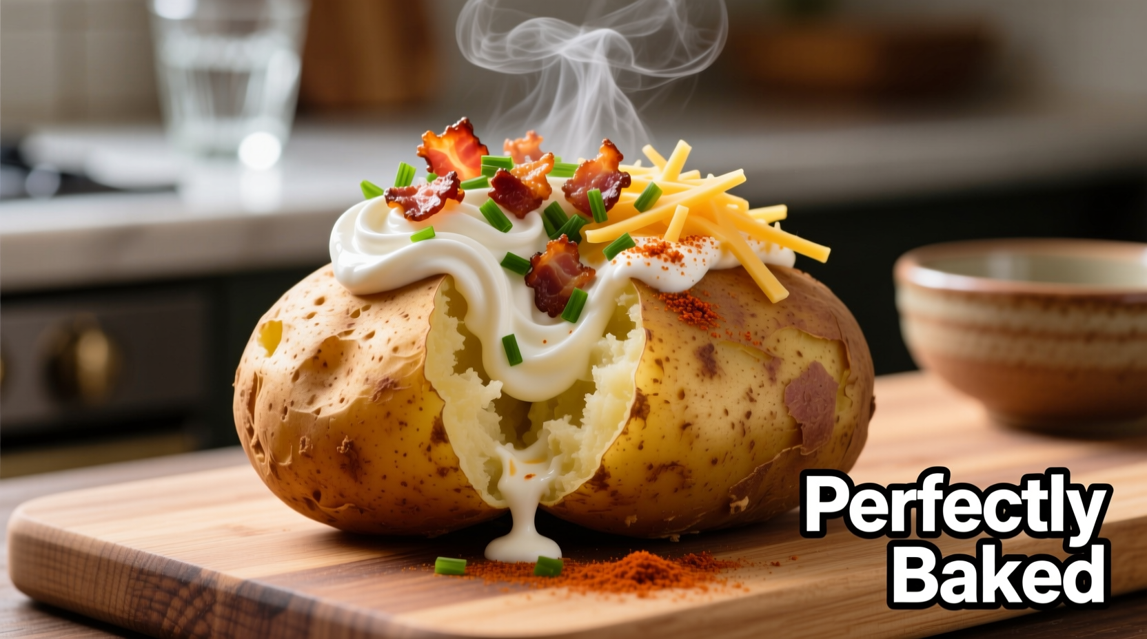 Perfectly baked potato with assorted toppings