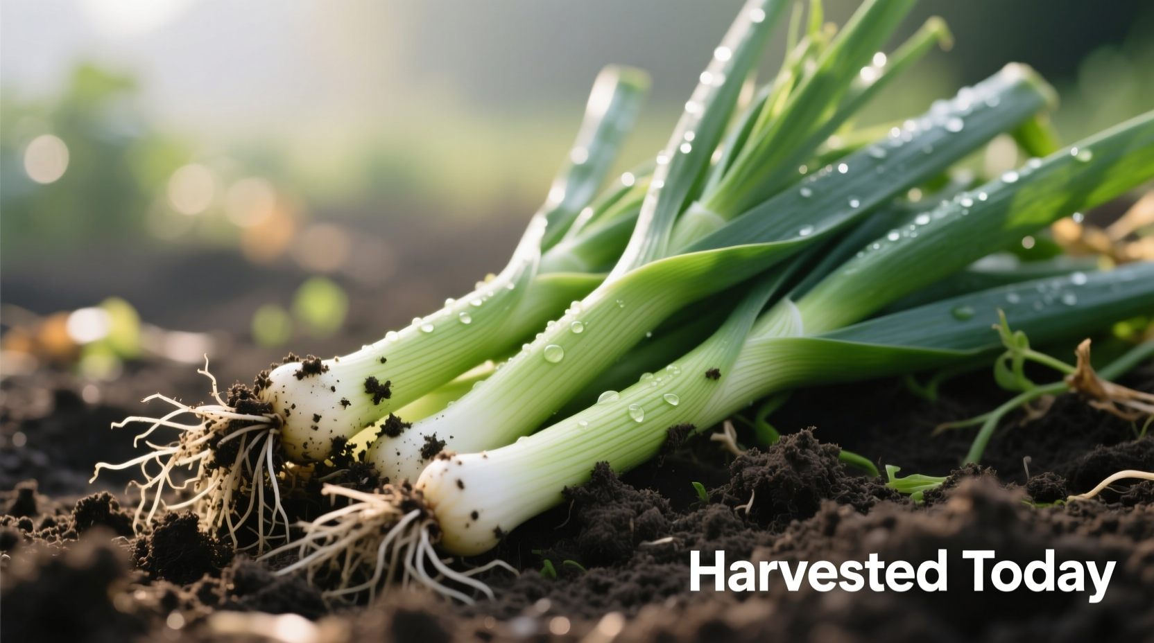 Fresh young leeks with soil still visible