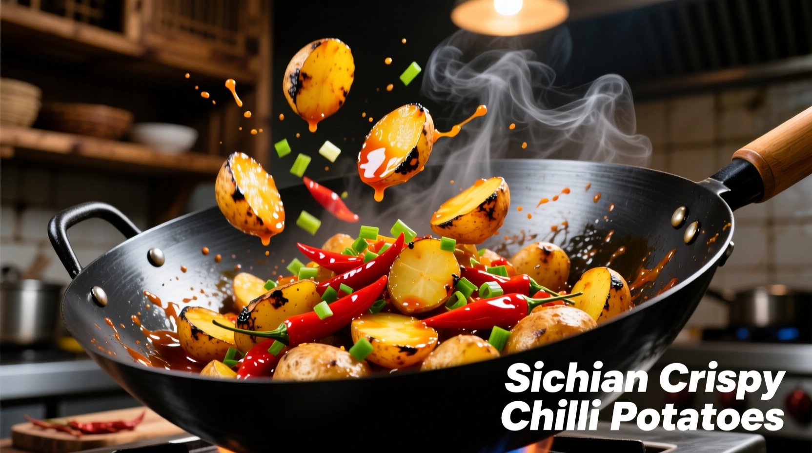Crispy chilli potatoes in wok with vibrant sauce