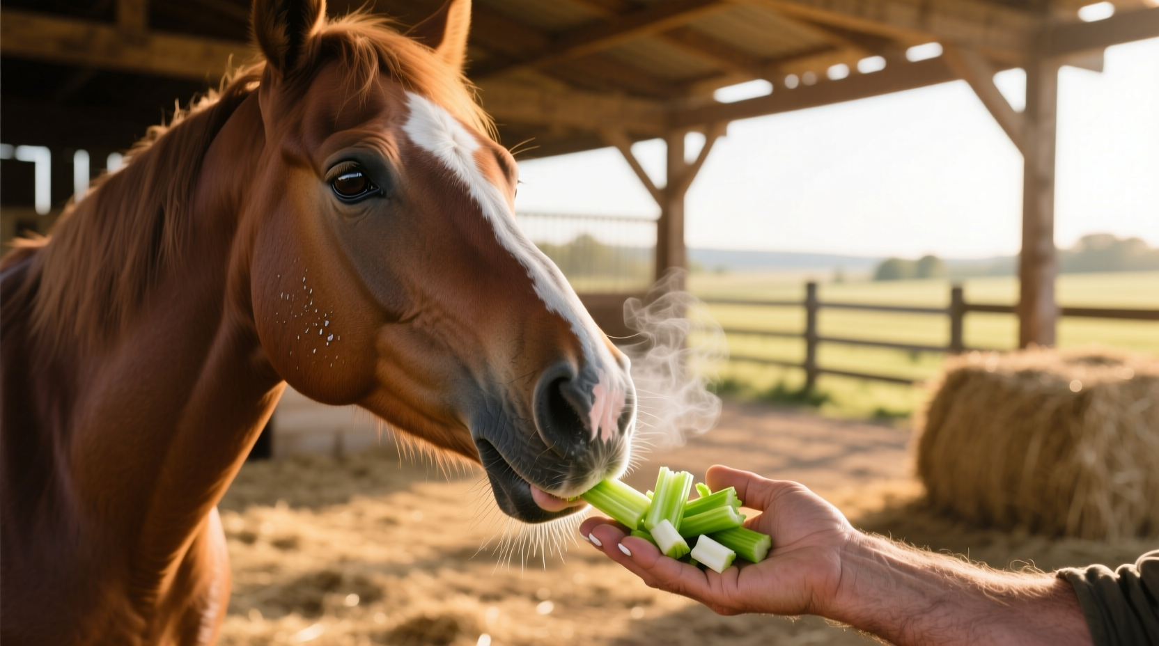 Horse safely eating chopped celery pieces from owner's hand