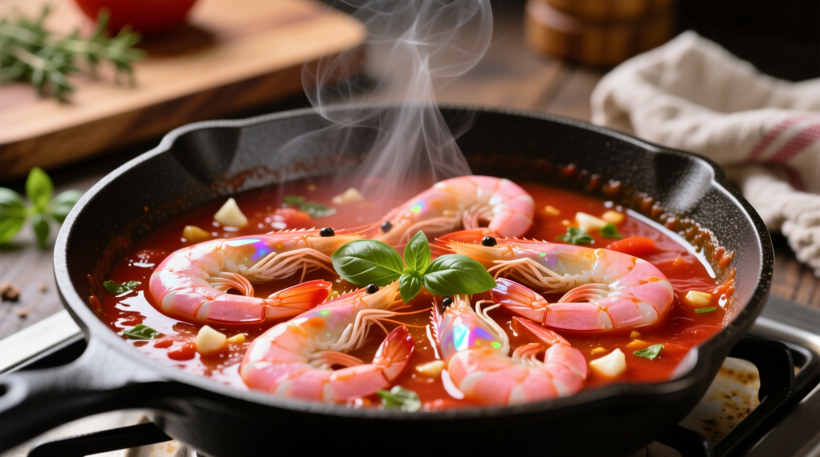 Fresh shrimp simmering in vibrant tomato sauce