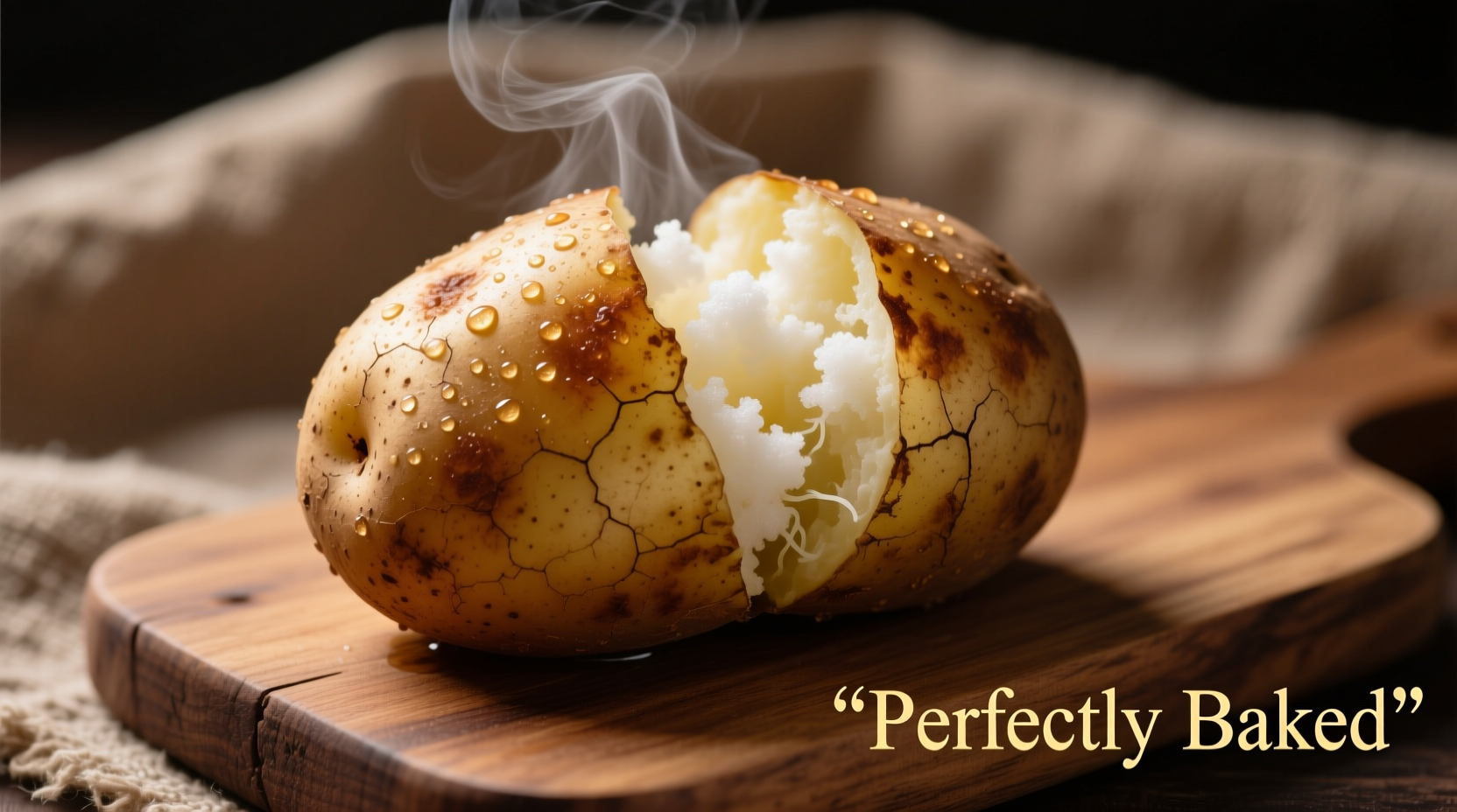 Russet potato baking on oven rack