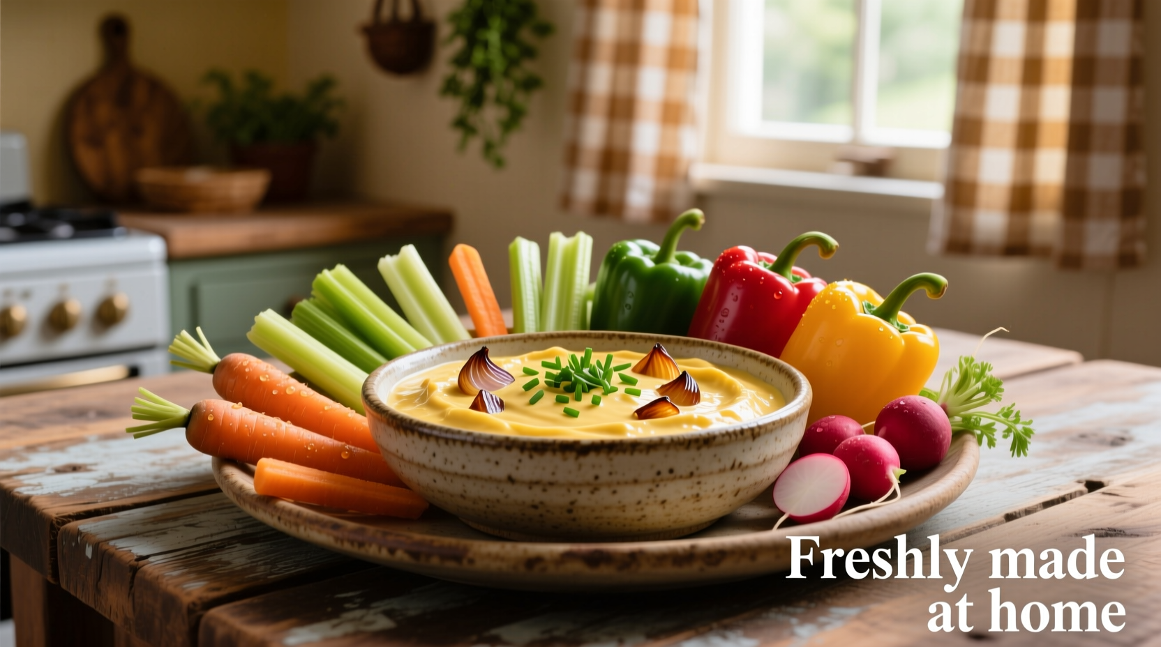 Homemade onion dip in ceramic bowl with vegetable sticks