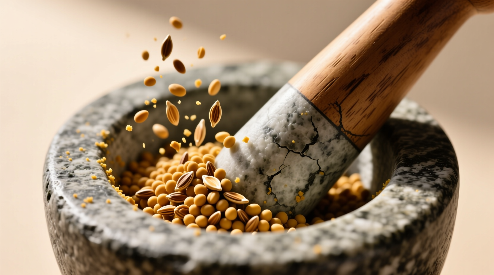 Close-up of toasted mustard seeds being ground in mortar and pestle