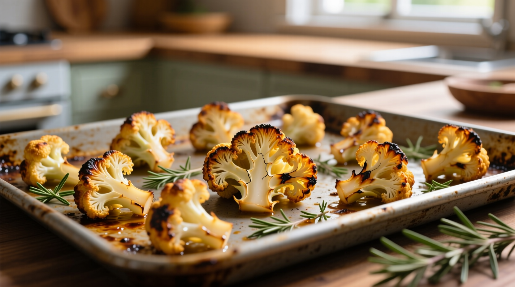 Crispy golden roasted cauliflower florets on baking sheet