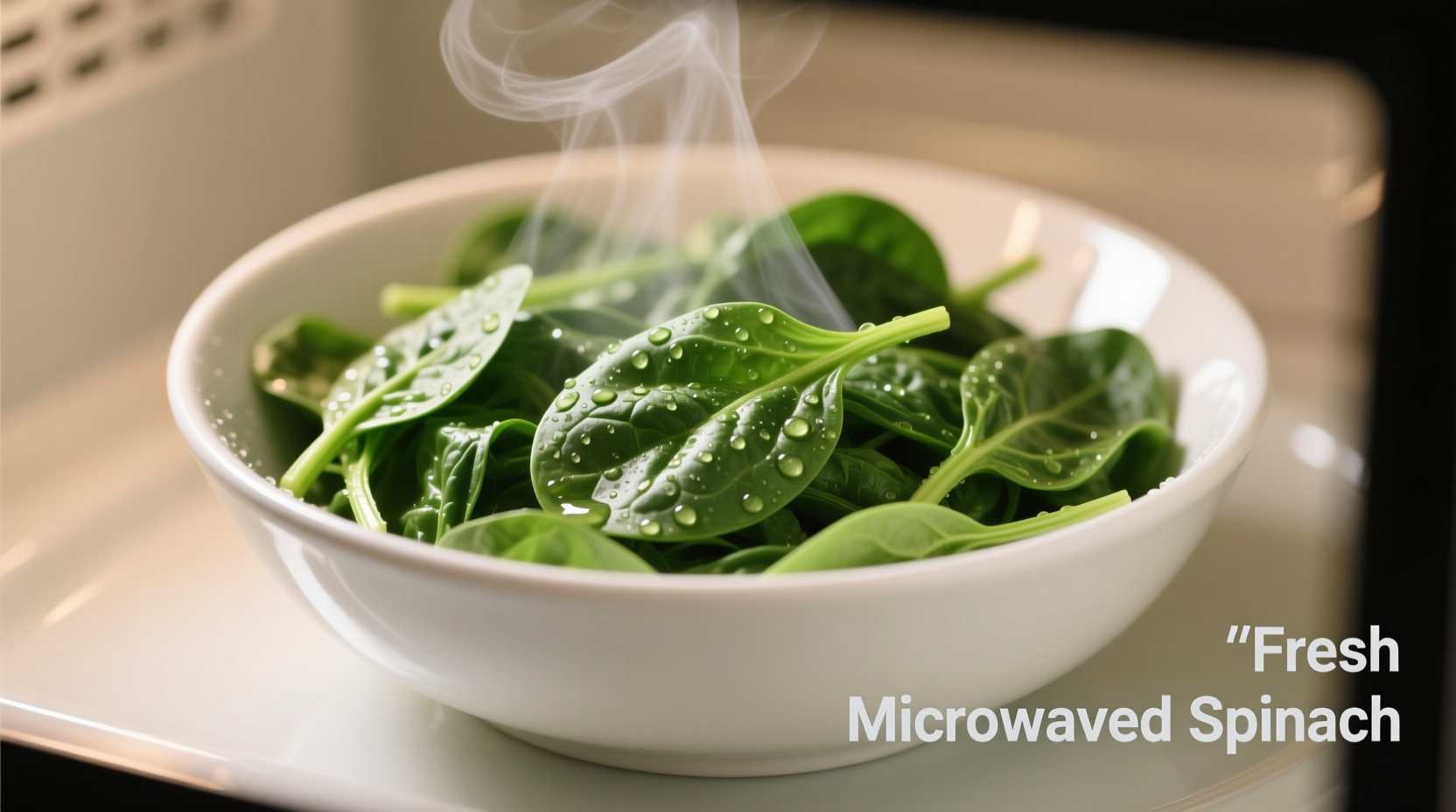 Fresh microwaved spinach in white bowl