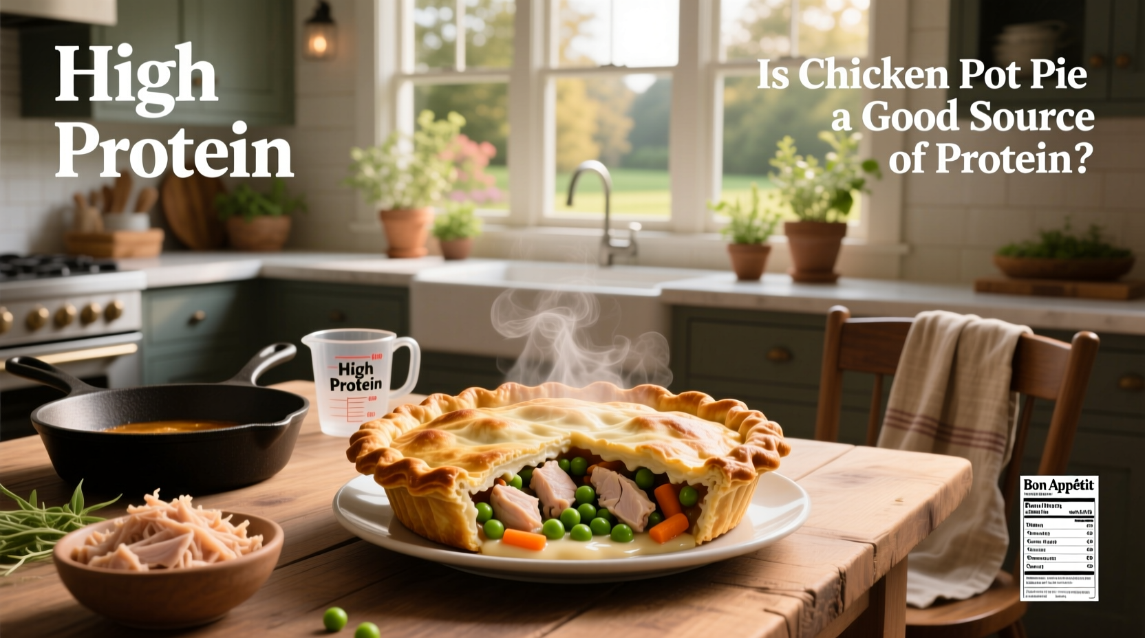 High-protein chicken pot pie served in a ceramic dish with golden crust and steam rising