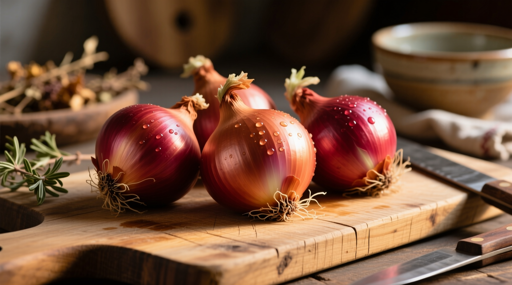 Red onions with copper-toned skins on wooden cutting board