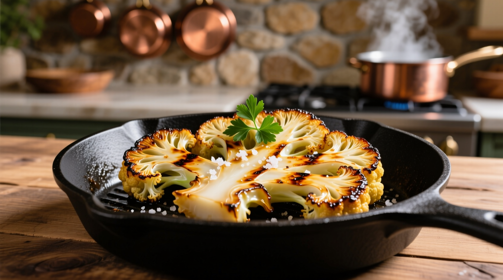 Golden roasted cauliflower steaks with crispy edges on black skillet