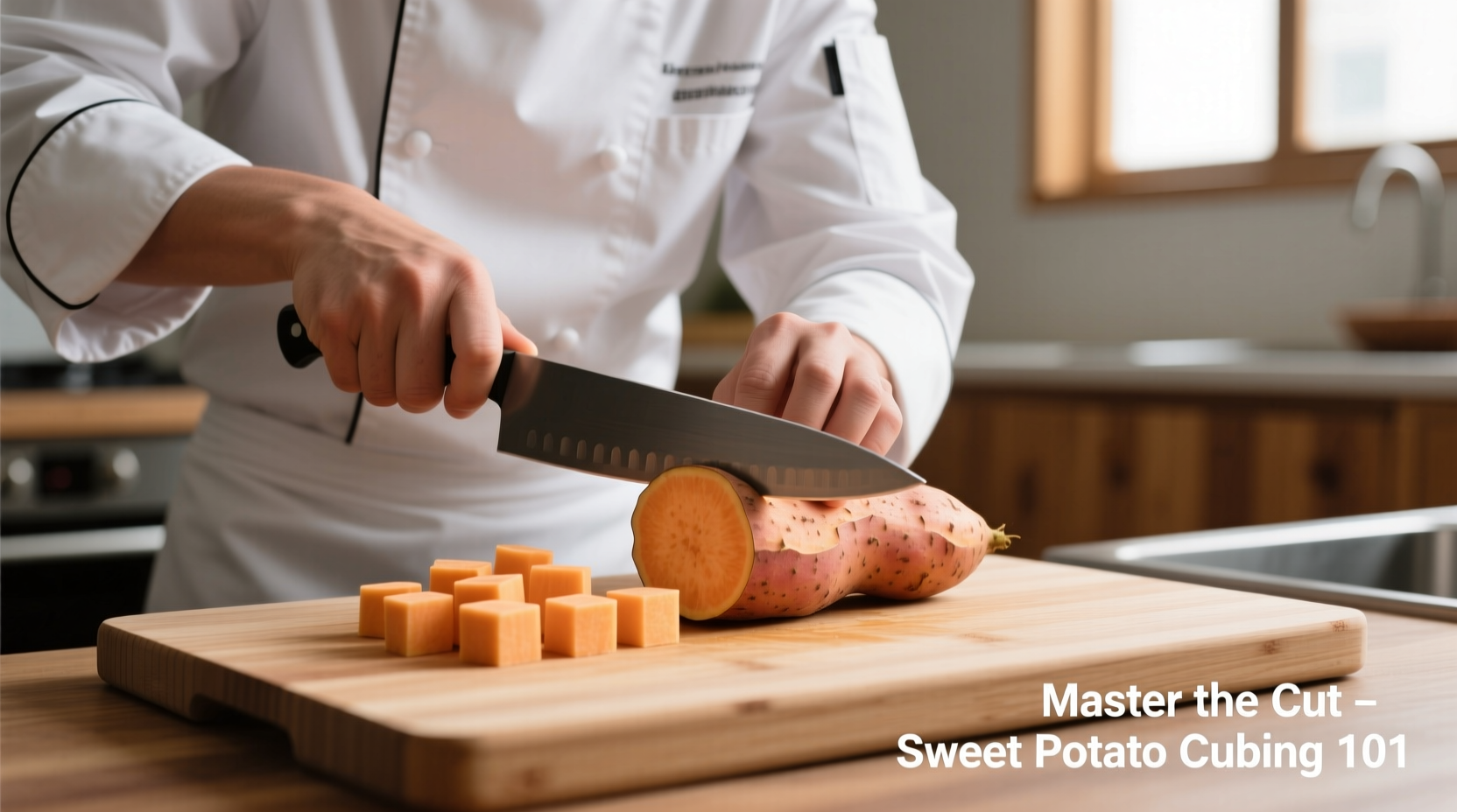 Chef demonstrating proper sweet potato cubing technique