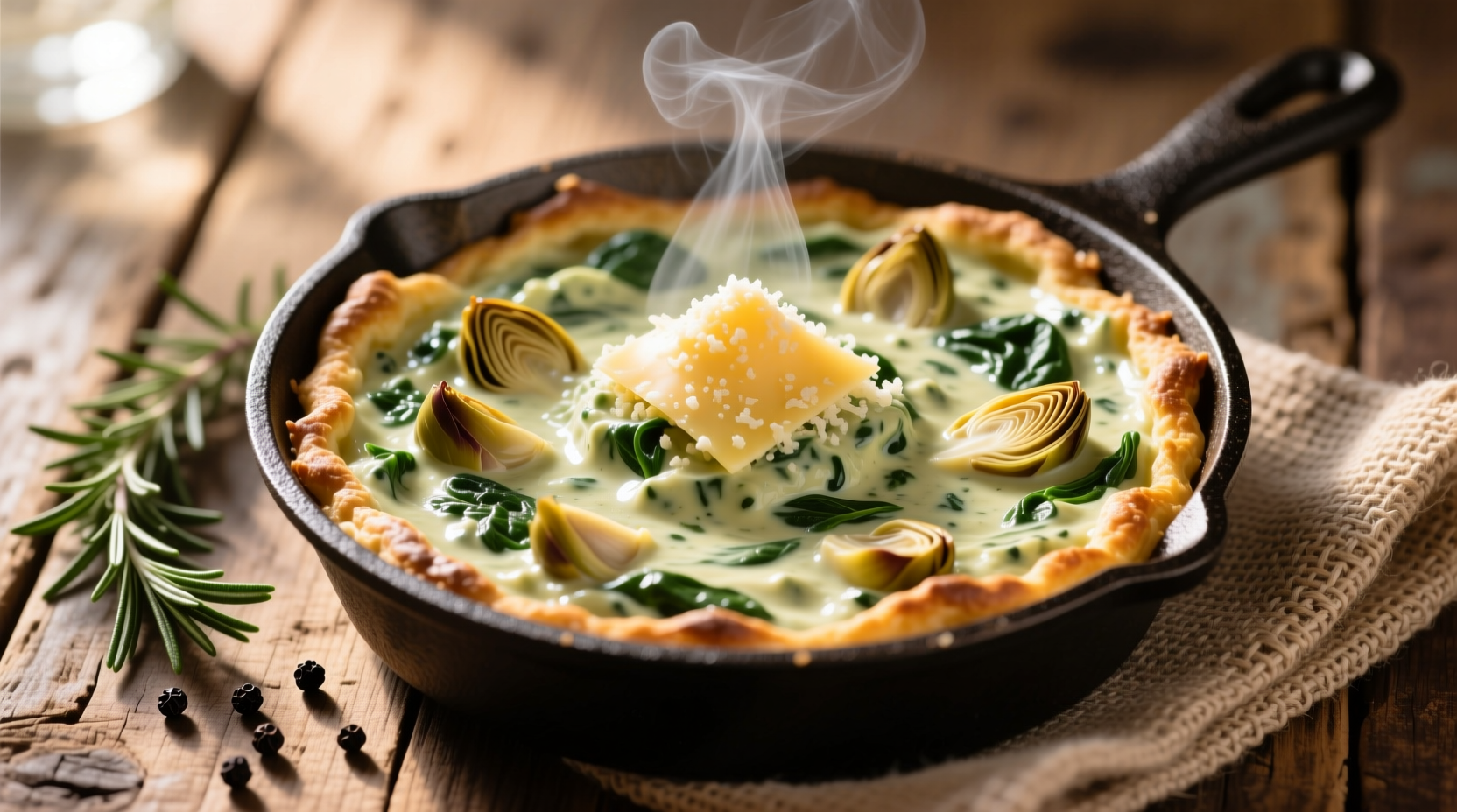 Creamy spinach artichoke dip served in cast iron