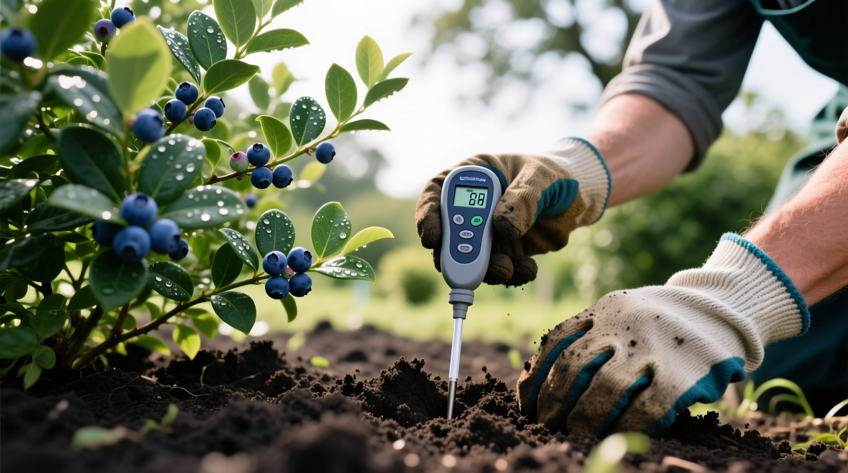 Gardener testing soil pH with kit around blueberry plants