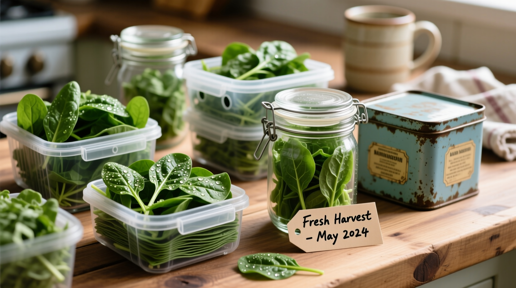 Fresh spinach leaves in various storage containers