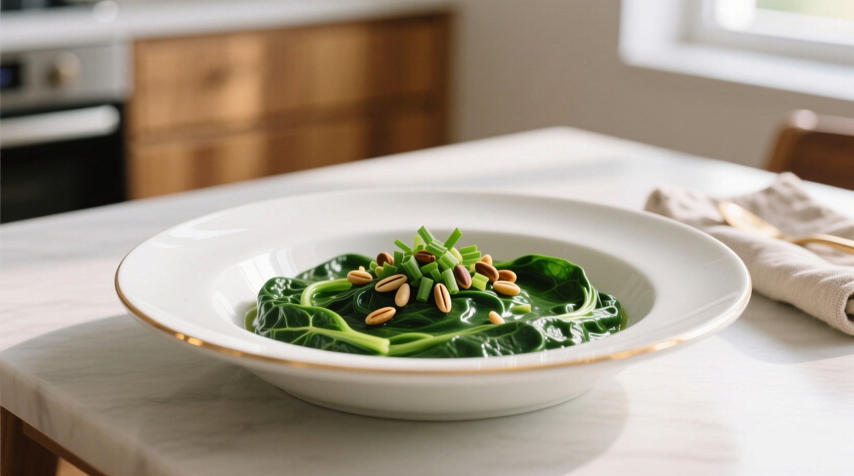 Creamy spinach in white serving dish with garnish