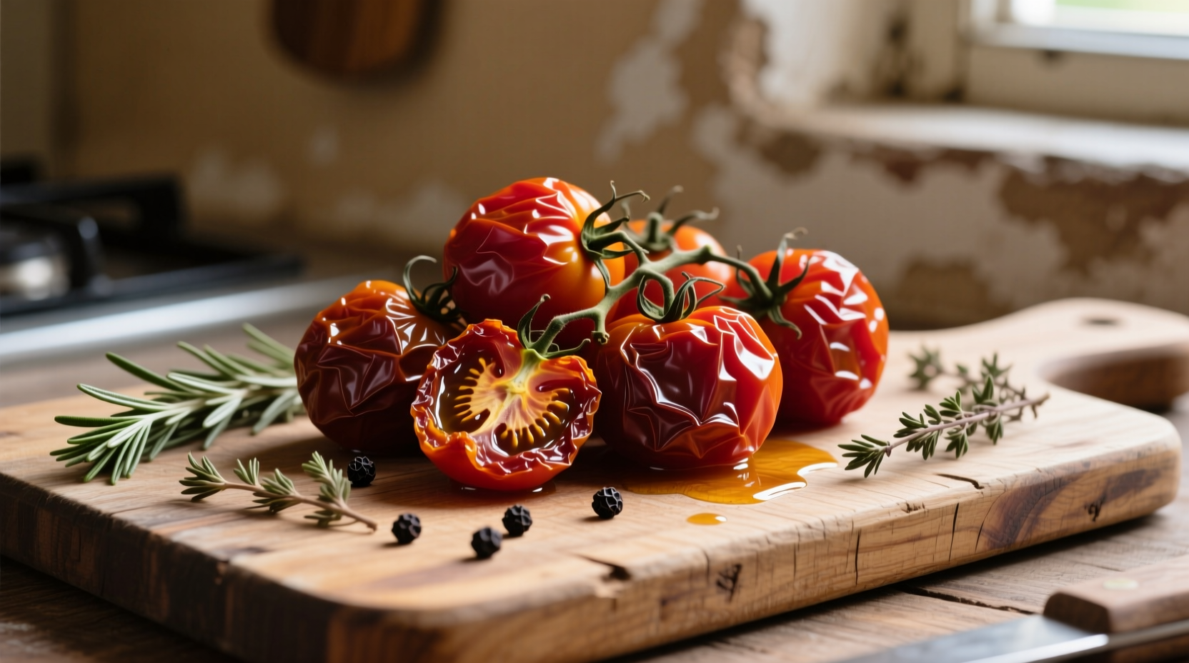 Homemade sun-dried tomatoes on wooden cutting board