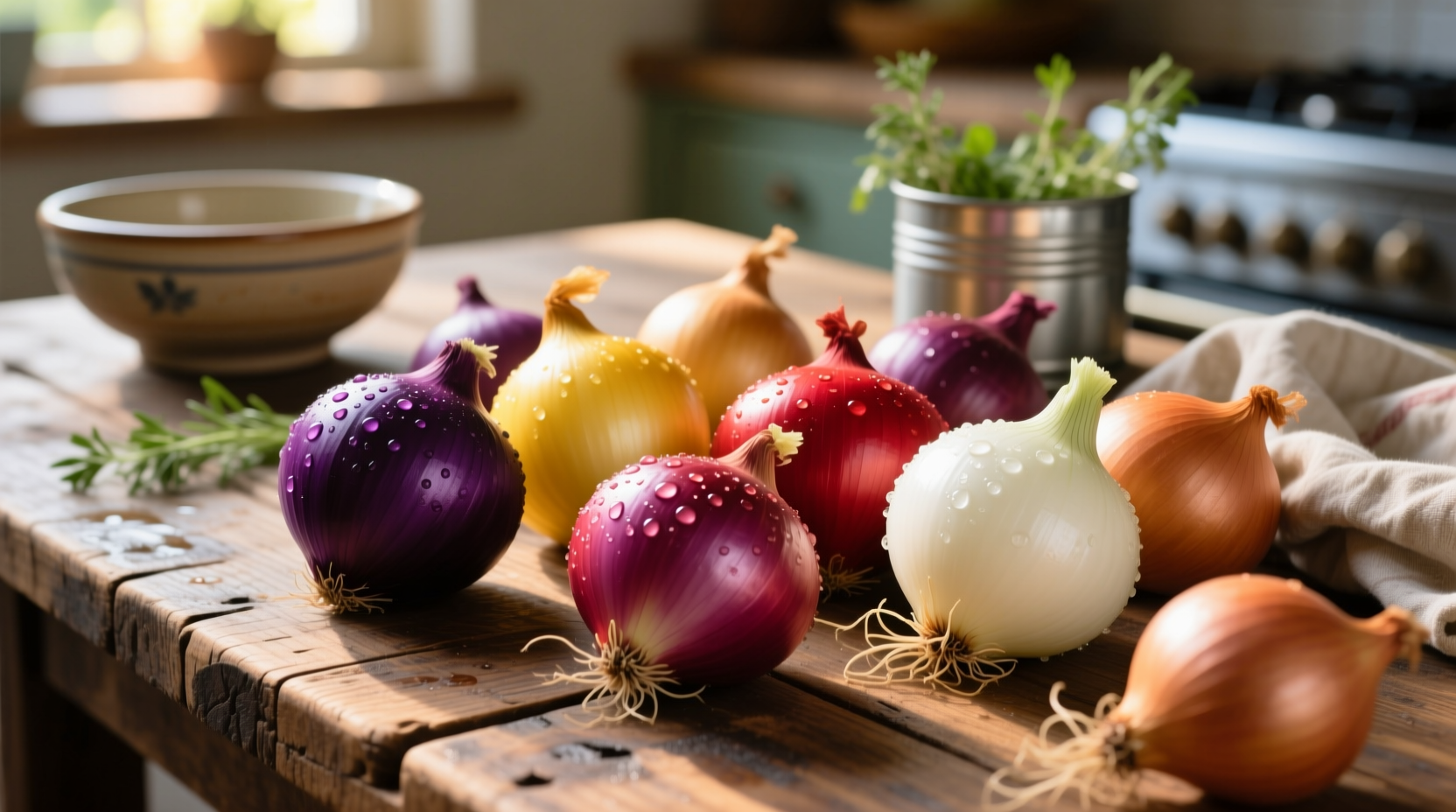 Colorful varieties of fresh onions on wooden table