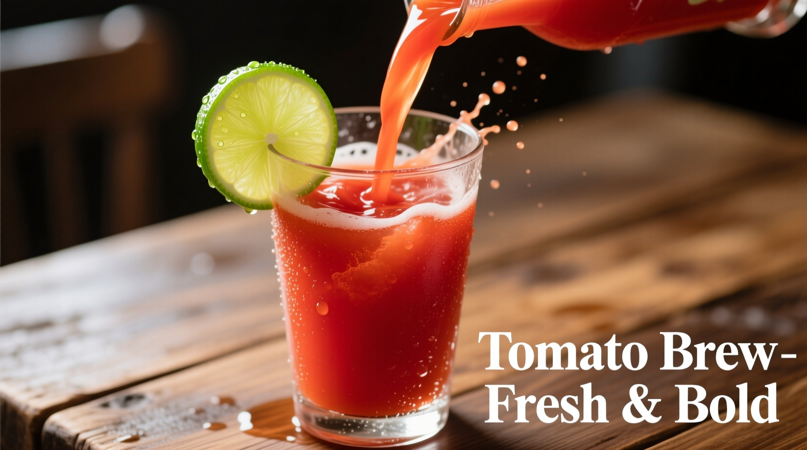 Fresh tomato juice poured into beer glass with lime wedge