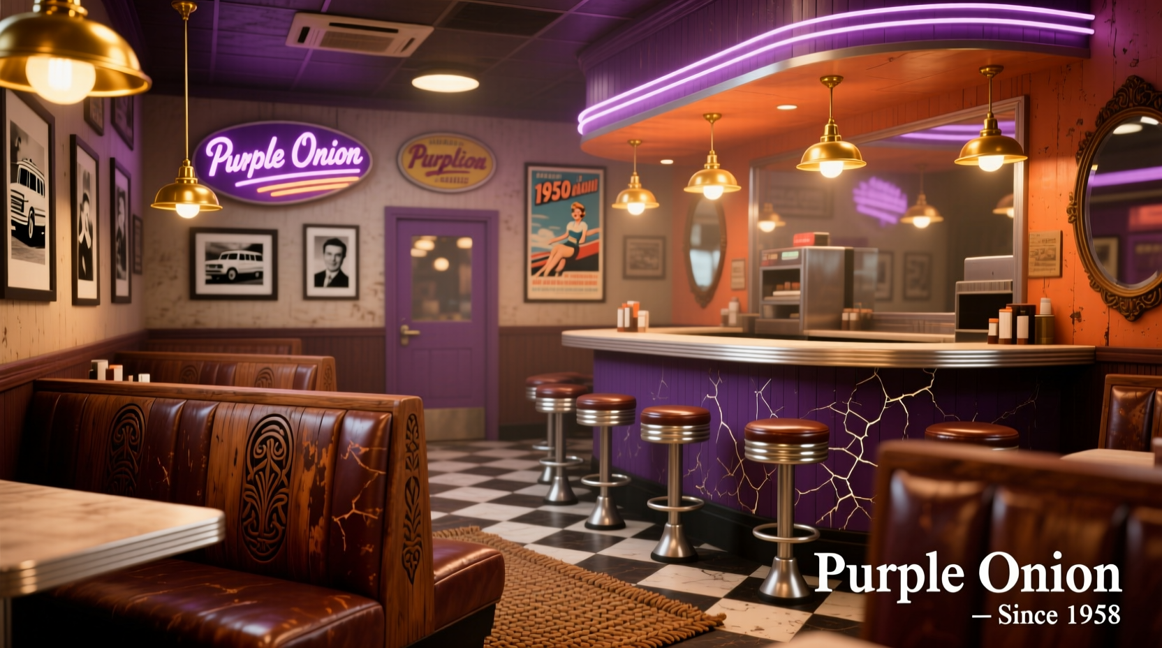 Purple Onion restaurant interior with wooden booths and vintage decor