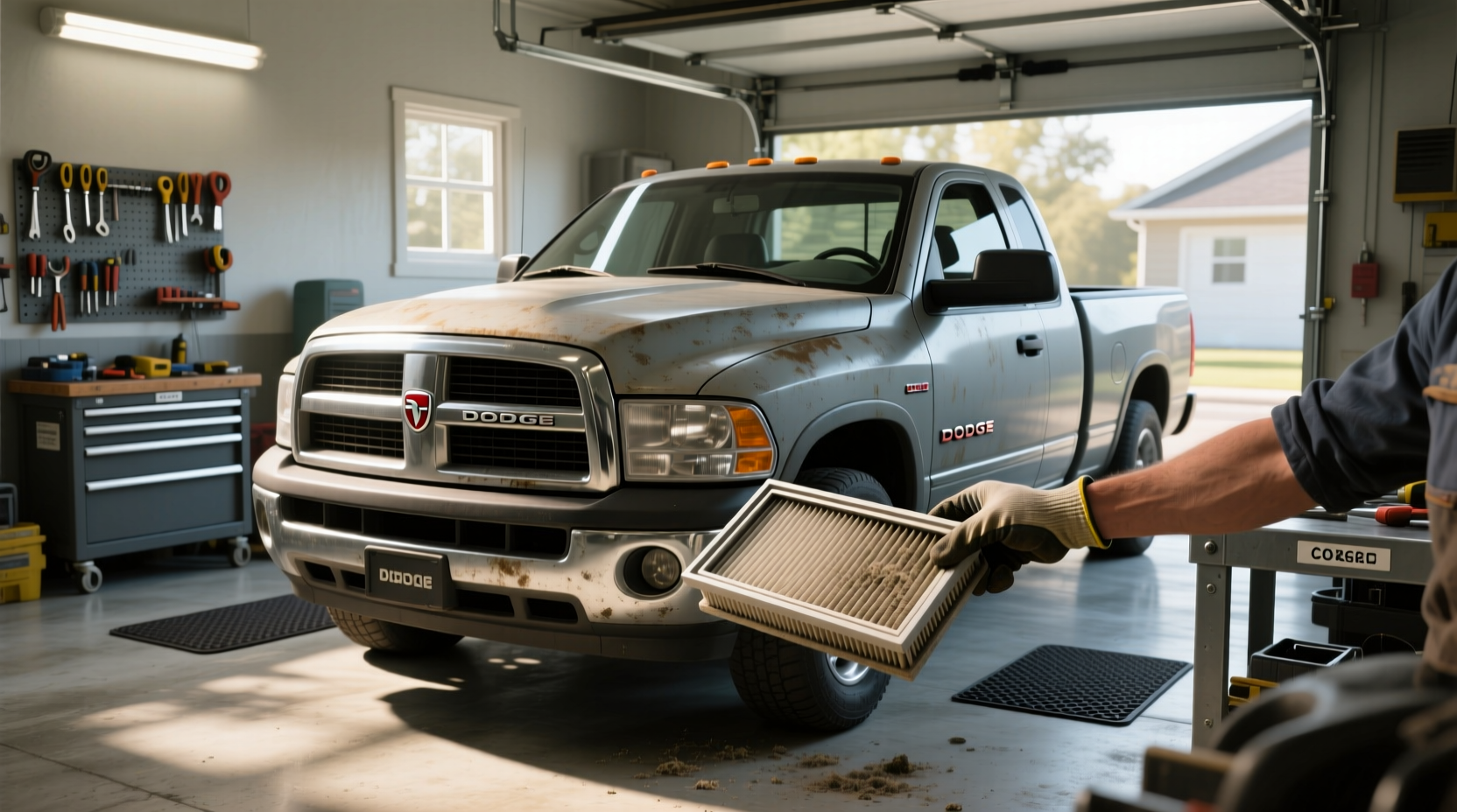 2008 Dodge Ram cabin air filter retrofit kit with molded housing and carbon filter