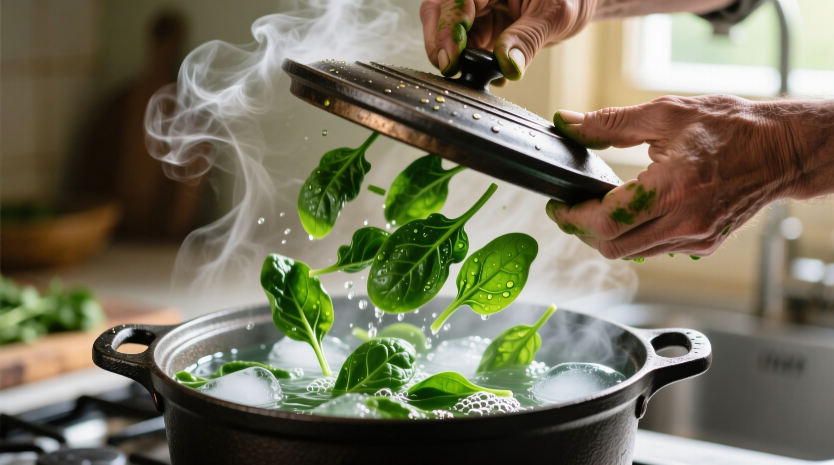 Hands transferring bright green spinach from boiling pot to ice bath
