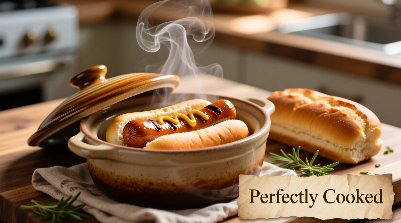 Perfectly cooked hotdogs in crock pot with steaming buns