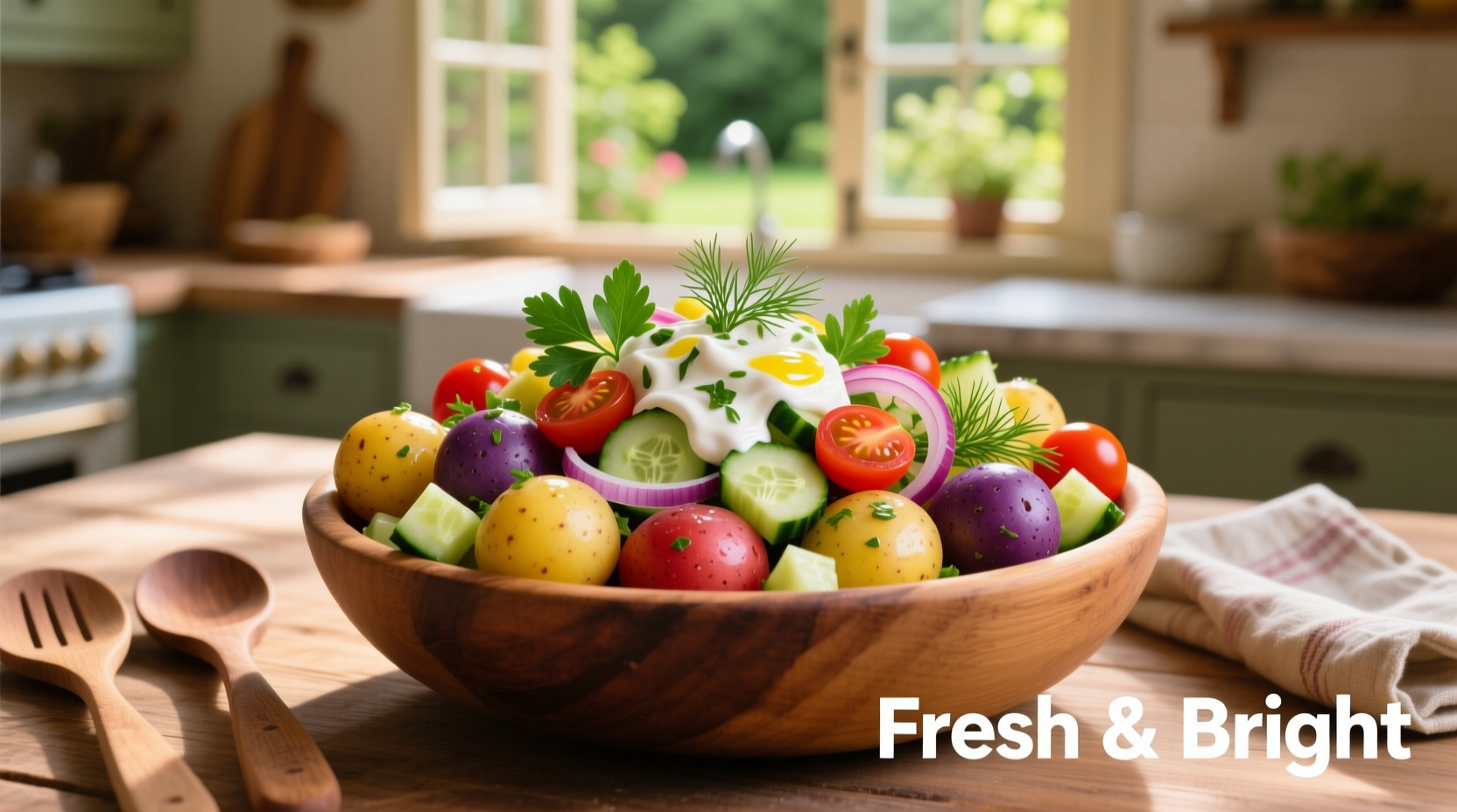 Colorful potato salad with fresh herbs and vegetables