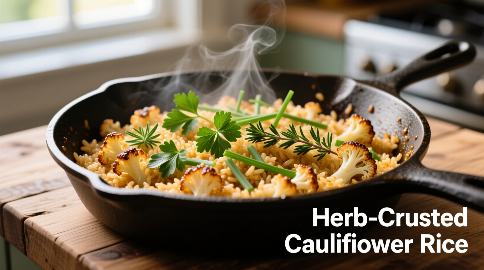 Cauliflower rice in a skillet with herbs
