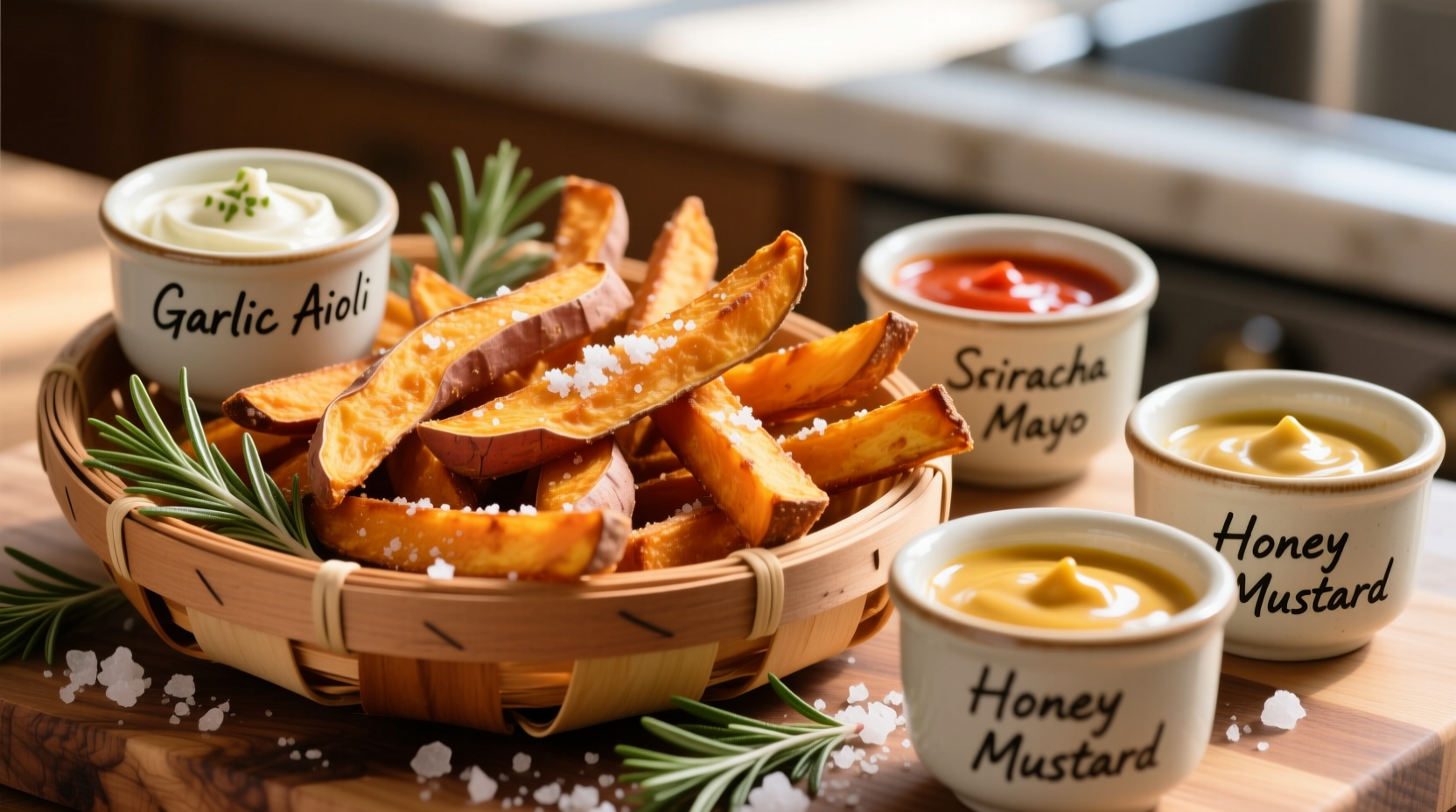 Homemade sweet potato fries with three dipping sauce options