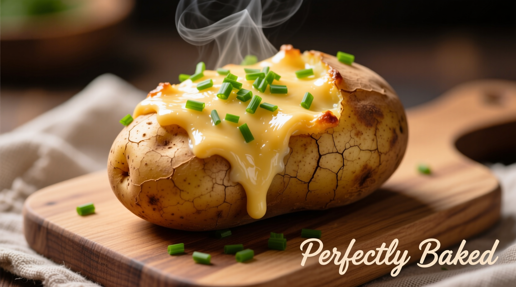 Perfectly baked potato with melted cheese and fresh chives