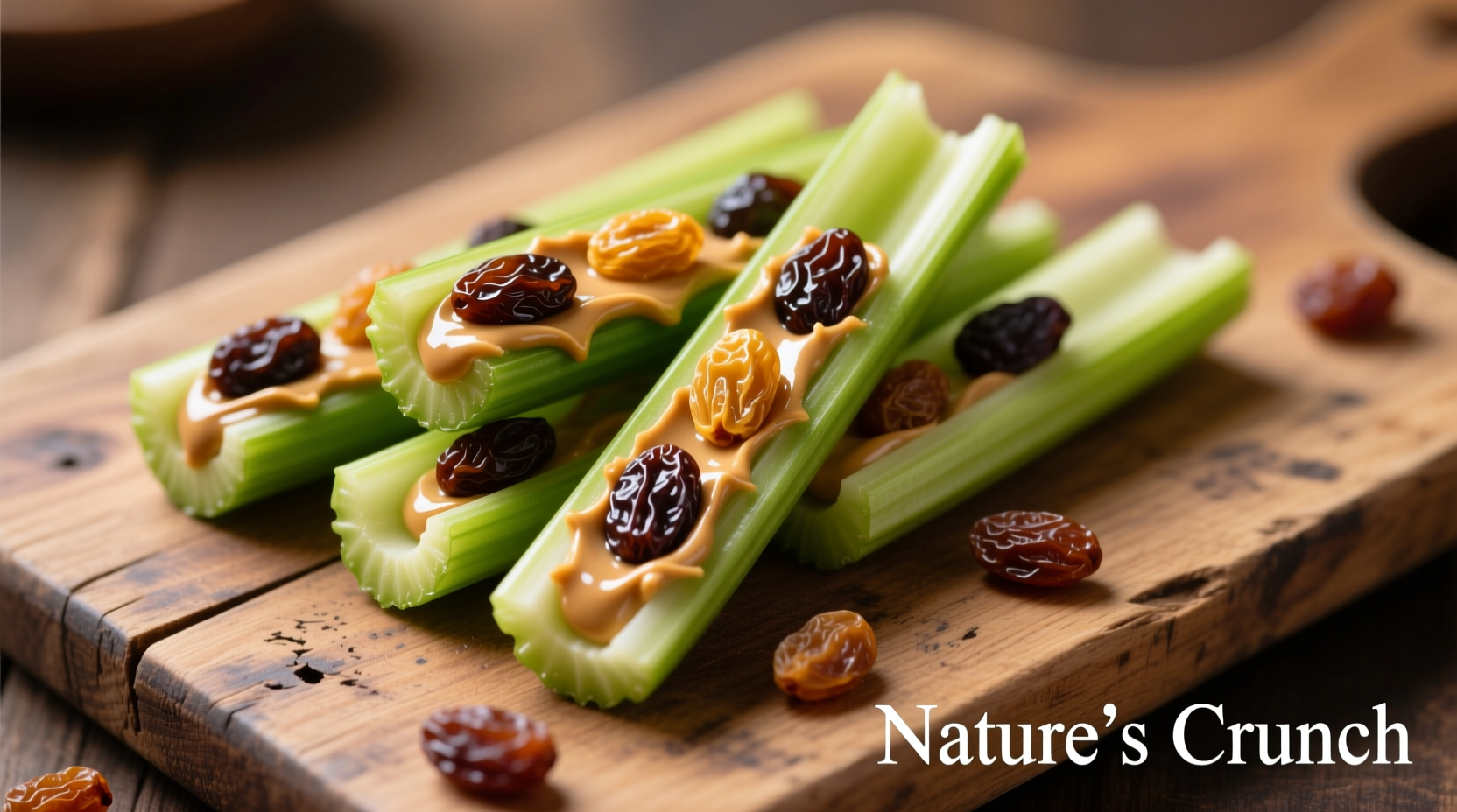 Peanut butter filled celery stalks with raisins arranged on wooden board