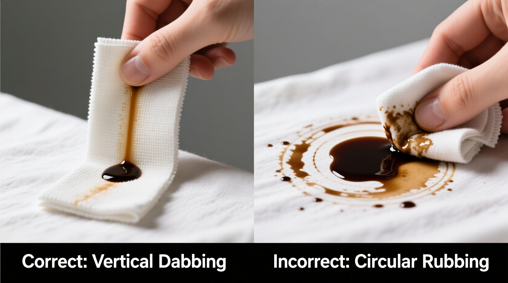 Side-by-side comparison showing correct blotting technique (vertical dabbing with clean cloth) versus incorrect circular rubbing that spreads stain outward on cotton fabric