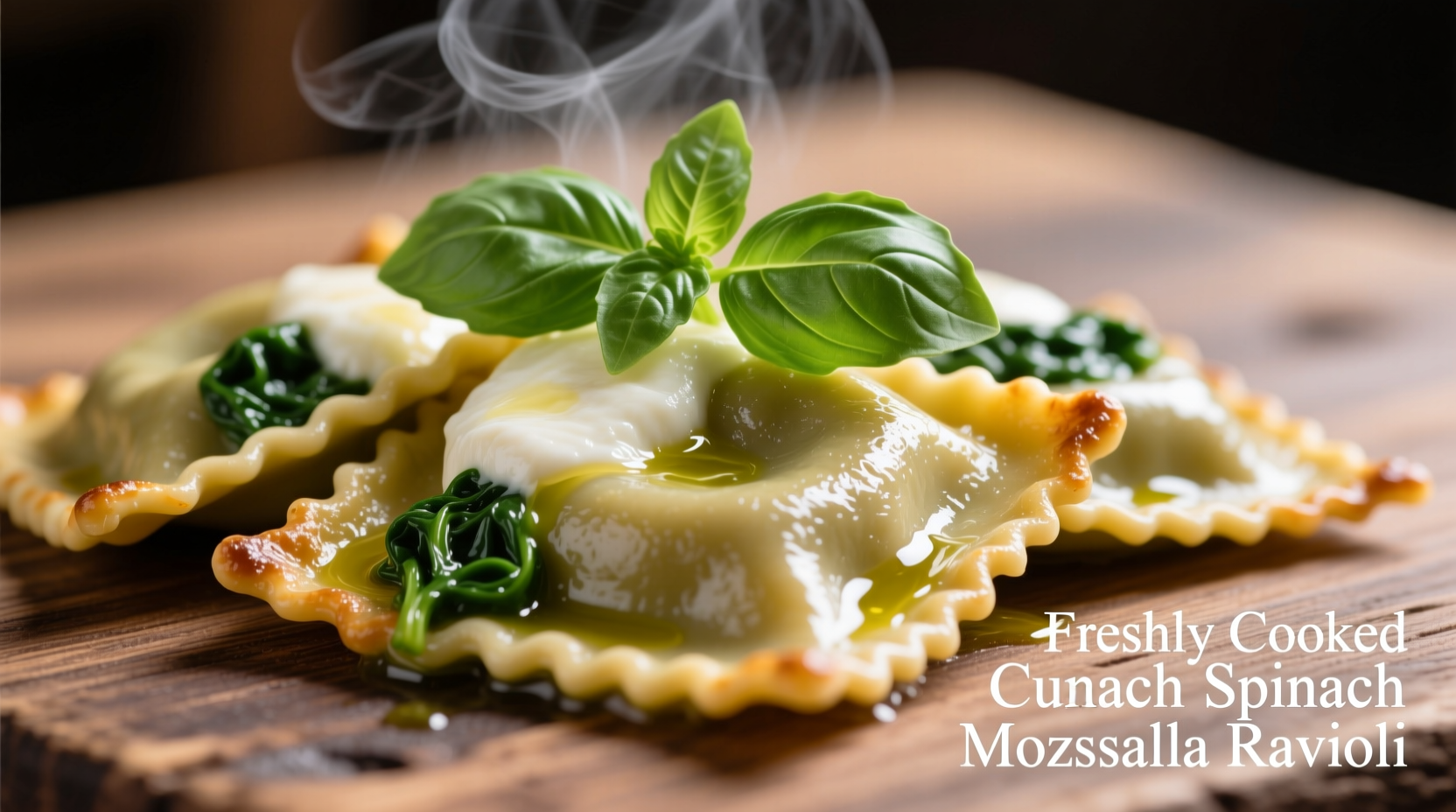Freshly cooked spinach mozzarella ravioli with basil garnish