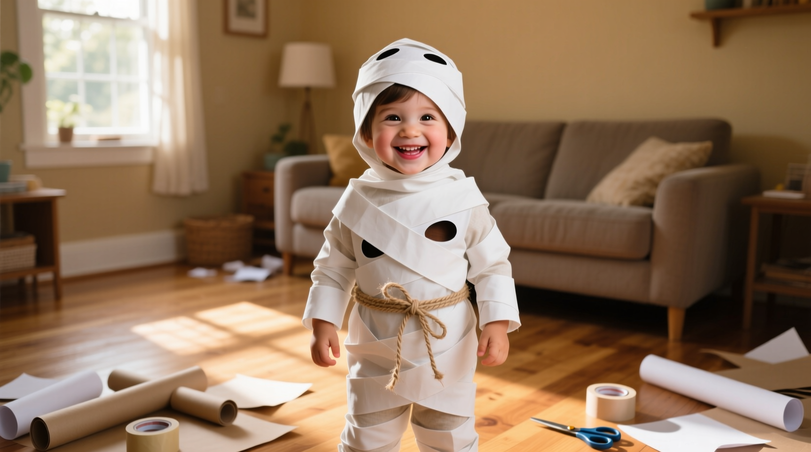 Child in safe, comfortable DIY mummy costume with visible eyes and mouth
