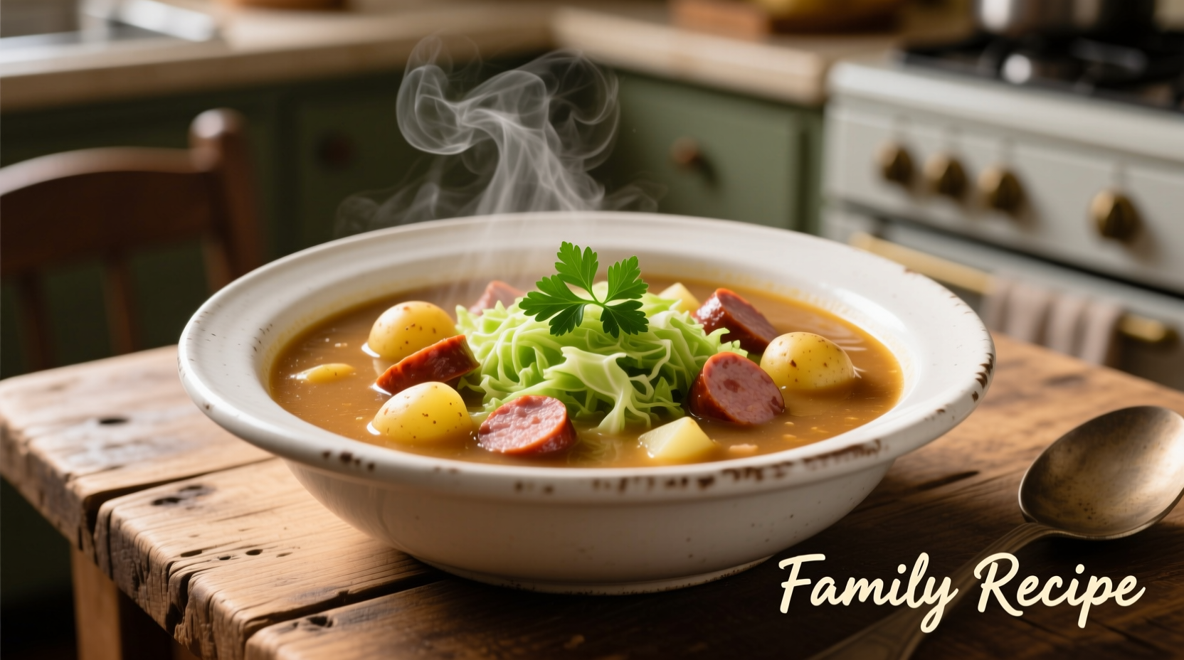 Hearty cabbage potato sausage soup in white bowl