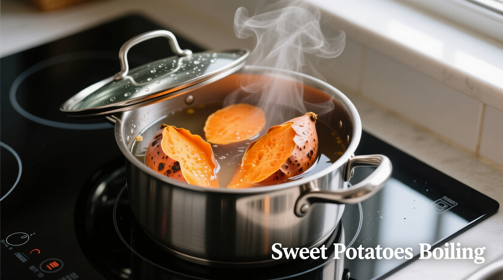 Sweet potatoes boiling in stainless steel pot