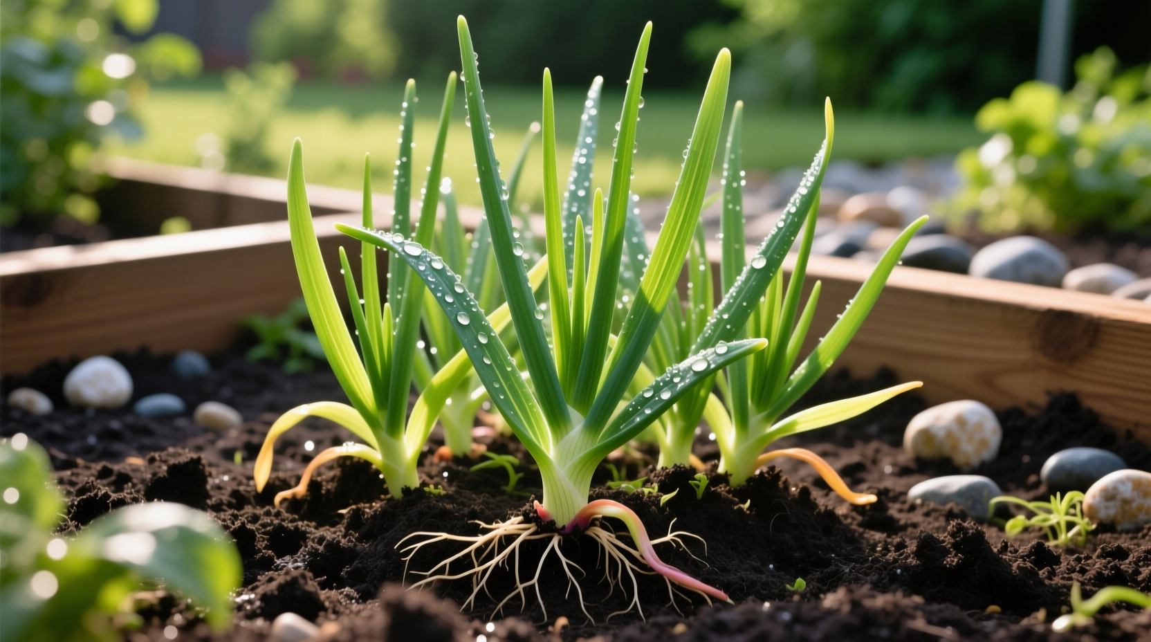 Healthy Candy Hybrid onion plants growing in garden soil