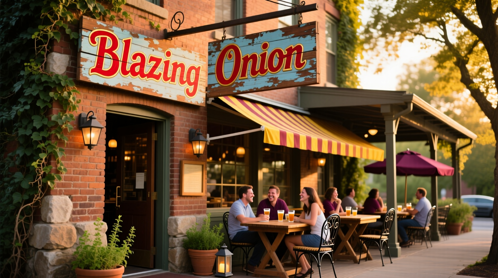 Blazing Onion restaurant exterior with wooden sign and patio seating