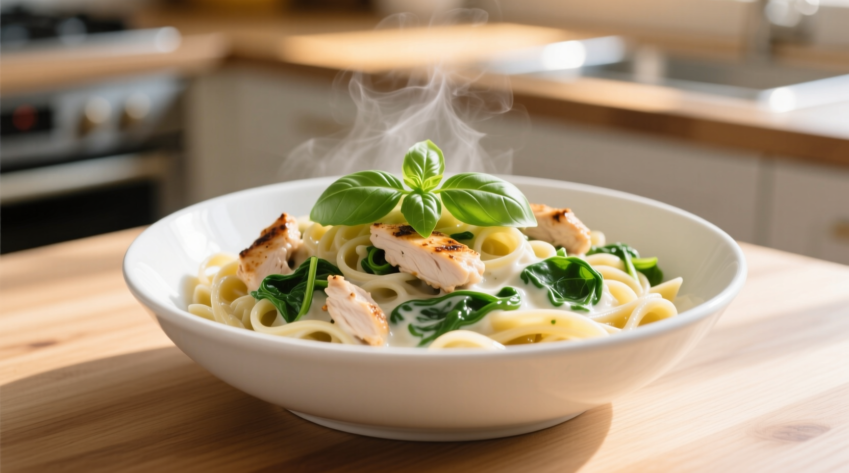 Chicken spinach pasta in white bowl with fresh basil